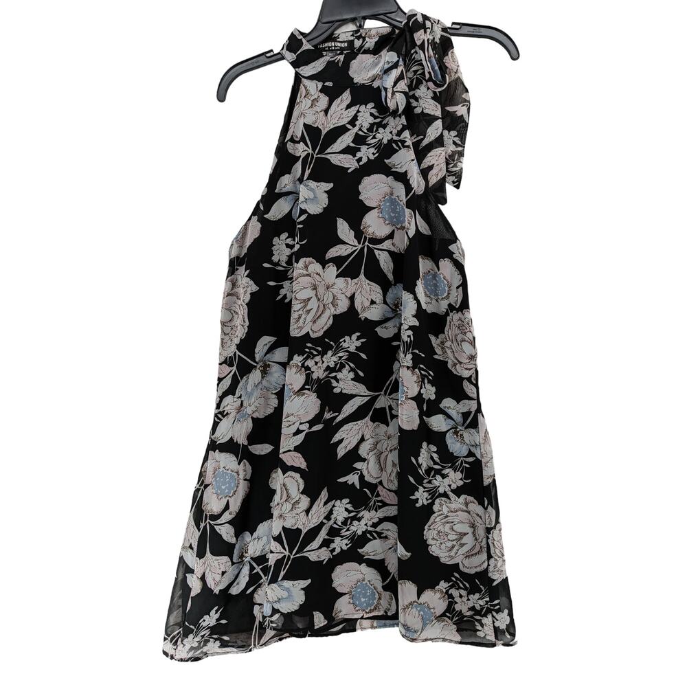 Fashion Union Floral Micro Dress Large 10 Black Side‎ Tie Neck Sleeveless Short